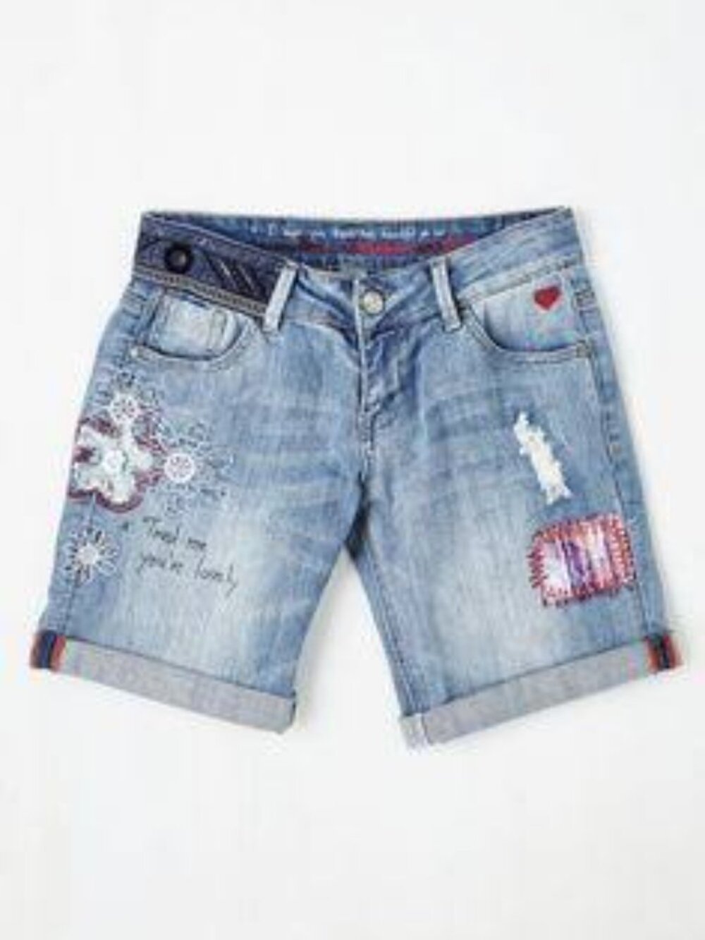 Desigual Eclectic Artsy Patchwork Low Rise Bermuda Jean Shorts Size 24